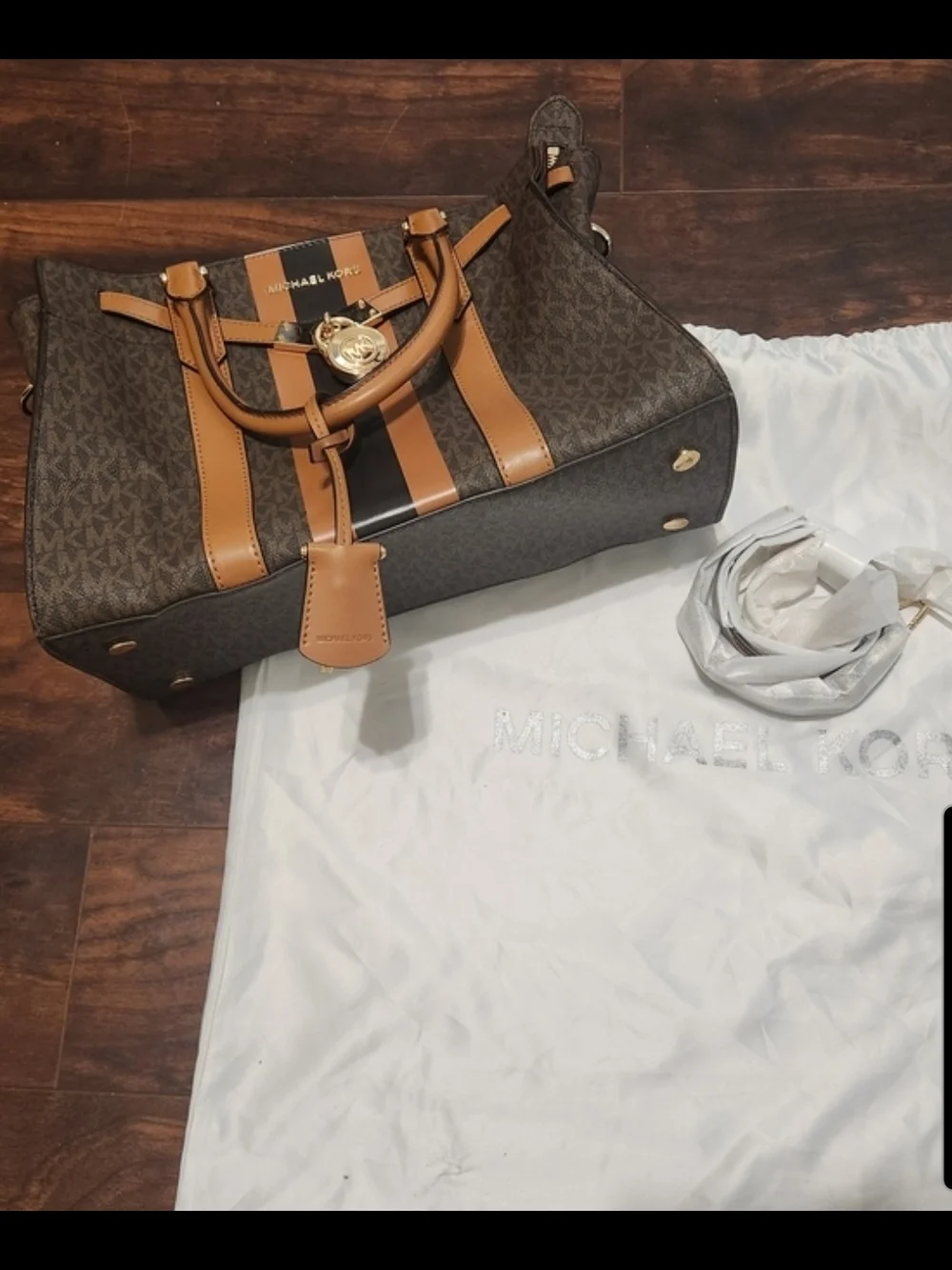 Michael Kors Brown and Tan Monogram Bag with Gold Hardware